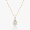 Vista dettagliata di un pendente in moissanite a pera con incastonatura halo in oro 14 carati - Stile Goccia d'Acqua / Oro