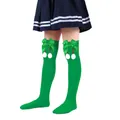 Girls' green over-the-knee Christmas socks with decorative bows and soft white fur balls. - Children (7-12 Years) / Solid Green With Green Pom-pom (32#)
