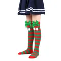 Festive red and green striped Christmas stockings for girls with green bows and pom-poms - Children (7-12 Years) / Red Green Stripe With Green Pom-pom (34#)