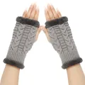 Grey knitted fingerless gloves with faux fur trim for autumn and winter warmth - One Size / Light Gray