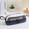 Large capacity blue and white Oxford cloth pencil case with a transparent window - Navy Blue