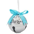 Vista dettagliata di una campana di Natale in argento con fiocco a pois blu chiaro - Argento Merry Christmas (Con Luce)