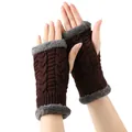 Soft brown cable knit fingerless gloves with plush grey faux fur trim for winter - One Size / Coffee