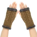 Winter khaki cable knit fingerless gloves with gray faux fur trim for warm comfort - One Size / Dark Khaki