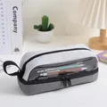 Gray large capacity canvas pencil case with a clear transparent window and side handle - Dark Gray