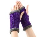 Purple thick knitted fingerless gloves with soft grey faux fur trim and cable knit pattern - One Size / Purple