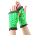 Cozy bright green knit fingerless gloves with grey faux fur trim for winter warmth - One Size / Fluorescent Green