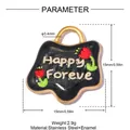 Macro detail of stainless steel heart flower charm with dimensions and Happy Forever text - Black Heart Style (YK223)