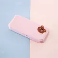 Minimalist pink portable pencil box with cute 3D brown bear decoration for students - Shy Bear