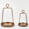 Set of 2 retro glass hurricane candle holders with elegant gold metal frames for decor. - Set