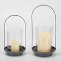 Lot de 2 lanternes minimalistes en métal gris avec verre cannelé et bougies piliers - Ensemble (Grand + Petit) / Gris Argent