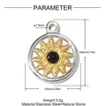 Detailed view of bicolor stainless steel sunflower pendant featuring measurements and materials - Sunflower Black Stone Style (YK102) / 1 Piece