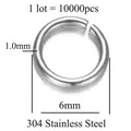 6mm offener Bindering aus 304 Edelstahl, 1,0mm Drahtstärke für DIY Schmuckherstellung - O-Ring Stil (YG011) / 8mm (10000 Stück/Packung) / Silber