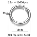 Nahaufnahme eines 7mm 304 Edelstahl-Biegerings mit 1,0mm Drahtstärkemessungen - O-Ring Stil (YG011) / 7mm (10000 Stück/Packung) / Silber