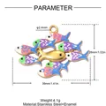 Detailed dimensions and material specs for the stainless steel enamel fish charms cluster. - Fish School (YK184)