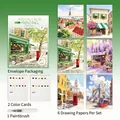 DIY watercolor painting set with 6 city scenery sheets, pigment cards, and water brush. - Quiet City / Set of 6 Sheets