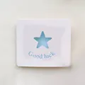 Minimalist white square greeting card with blue star cutout and 'Good luck' text - Blue Star