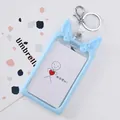 Light blue cartoon ID card holder with cute rabbit ears and silver metal keychain ring - I Love You