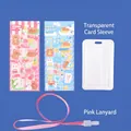Transparent card holder set with two cartoon stickers and a pink lanyard - Cartoon Card Holder Set / With Lanyard Stickers / Pink