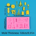 Sewing themed silicone mold for fondant and chocolate with measurements shown - Sewing Tools Theme (50-3696-A) / Pink