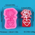 Detail view of a rose and heart silicone mold showing dimensions and finished product. - Hello Rose Style Pink (50-3764-A)