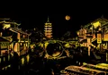 Night scene scratch art paper featuring a gold traditional Chinese water town design - Water Town