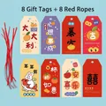 Set of 8 cute lucky paper gift tags and bookmarks with festive red hanging strings - Cartoon Hanging Tags / 8 Sheets Set