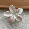 Macro view of a sweet flower-shaped hair claw clip with pink and blue plaid patterns - Flower / M / Macaron Plaid