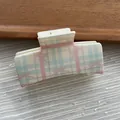 Detail view of a pastel plaid square hair claw clip with cute pink bow pattern - Cube Shape / L / Macaron Plaid