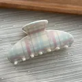 Close-up of a sweet plaid hair claw clip with pink bow pattern in macaron colors - Ingot Shape / L / Macaron Plaid
