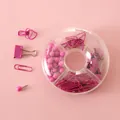 Pink stationery set including binder clips, paper clips, and push pins in a round box. - Red