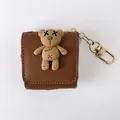Brown Saffiano leather AirPods case with unique 3D teddy bear charm and gold clasp - Brown Bear - For AirPods 1/2 / Brown