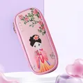Cute pink pencil case featuring a Chinese style cartoon beauty and floral print - Chenyu Style / Pink
