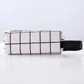 Minimalist white canvas pencil case featuring a black grid pattern and portable handle strap - White Grid