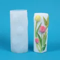 Detailed view of tulip 3D relief silicone mold and finished floral scented candle - White