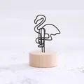 Elegant retro flamingo wire photo holder with minimalist natural wooden base for office desk memo - Flamingo