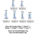 Complete 3D international chess piece silicone mold set with size and weight details - Complete Set Of 6 (60-641)