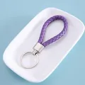 Stylish purple braided leather strap keychain with silver metal ring for DIY gift - Purple