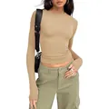 Slim-fit long-sleeved solid beige t-shirt for women in casual streetwear style. - M / Top (52号) / Khaki
