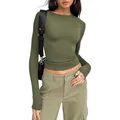 Women's slim-fit long-sleeve olive green T-shirt, casual solid color streetwear basic top - XS / Tops / Army Green