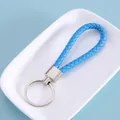 Premium light blue braided leather keychain wrist lanyard with polished silver metal ring - Blue