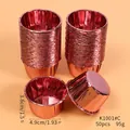 Detailed macro view of metallic rose gold cupcake liners with specific size dimensions for baking. - Double-Sided Rose Gold (K1001#C) / 50 Pieces