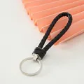 Elegant black braided leather keychain wrist strap with premium silver metal ring detail - Black-Upgrade