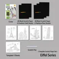Set pittura a graffio DIY con 5 sagome di monumenti e 5 fogli arcobaleno e oro - Serie Torre (4 Torre) / Set da 11 Pezzi (21*29cm) / Nero
