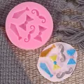 Silicone fondant mold for ties and mustaches with colorful finished craft samples shown - Round Tie Bow Tie Mustache Mold (50-1468) / Pink