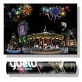 Colorful city night amusement park scratch painting kit with carousel and fireworks art - Amusement Park / 75x52cm