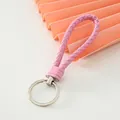 Pink braided leather keychain wrist strap with silver metal ring for DIY fashion - Pink-Upgrade