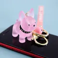 Cute pink resin French Bulldog keychain with bell and wrist strap accessory - French Bulldog Style / Deep Pink Transparent