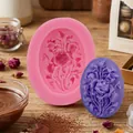 Detailed view of oval rose flower silicone mold with a finished purple floral soap model - Pink