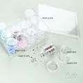 Detailed dimensions and view of clear acrylic storage box with small jars for beads - 1 Storage Box / 20g Small Round Box (12 Pieces)